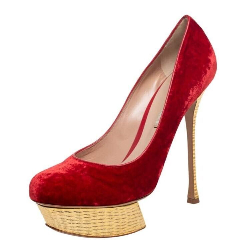 Nicholas Kirkwood Red/Gold Velvet Platform Pumps Size EU 39.5 US 9